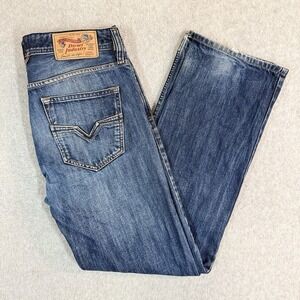 Diesel Larkee Jeans Mens 31x32 Blue Straight Leg Distressed Whiskered Patina